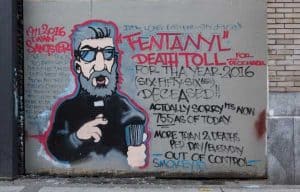 2016: Vancouver’s Downtown Eastside neighbourhood, a mural highlighting fentanyl-related drug deaths Credit: Gerry Rousseau/Alamy