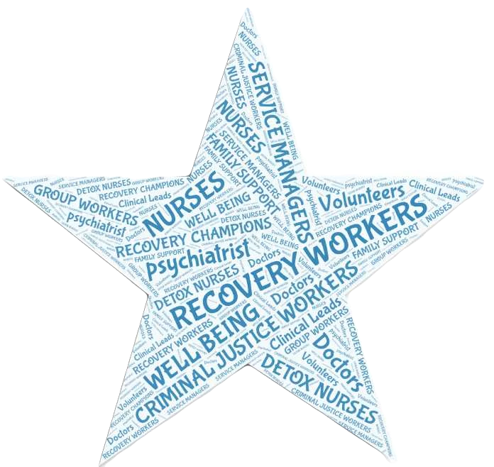 Star shape featuring job titles in substance misuse field