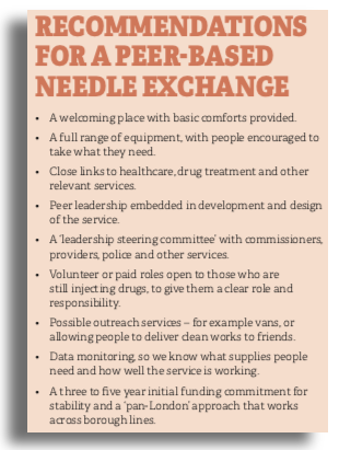 List of recommendations for peer run needle exchange services