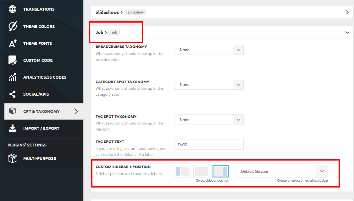 Theme CPT setting for 'Job' type